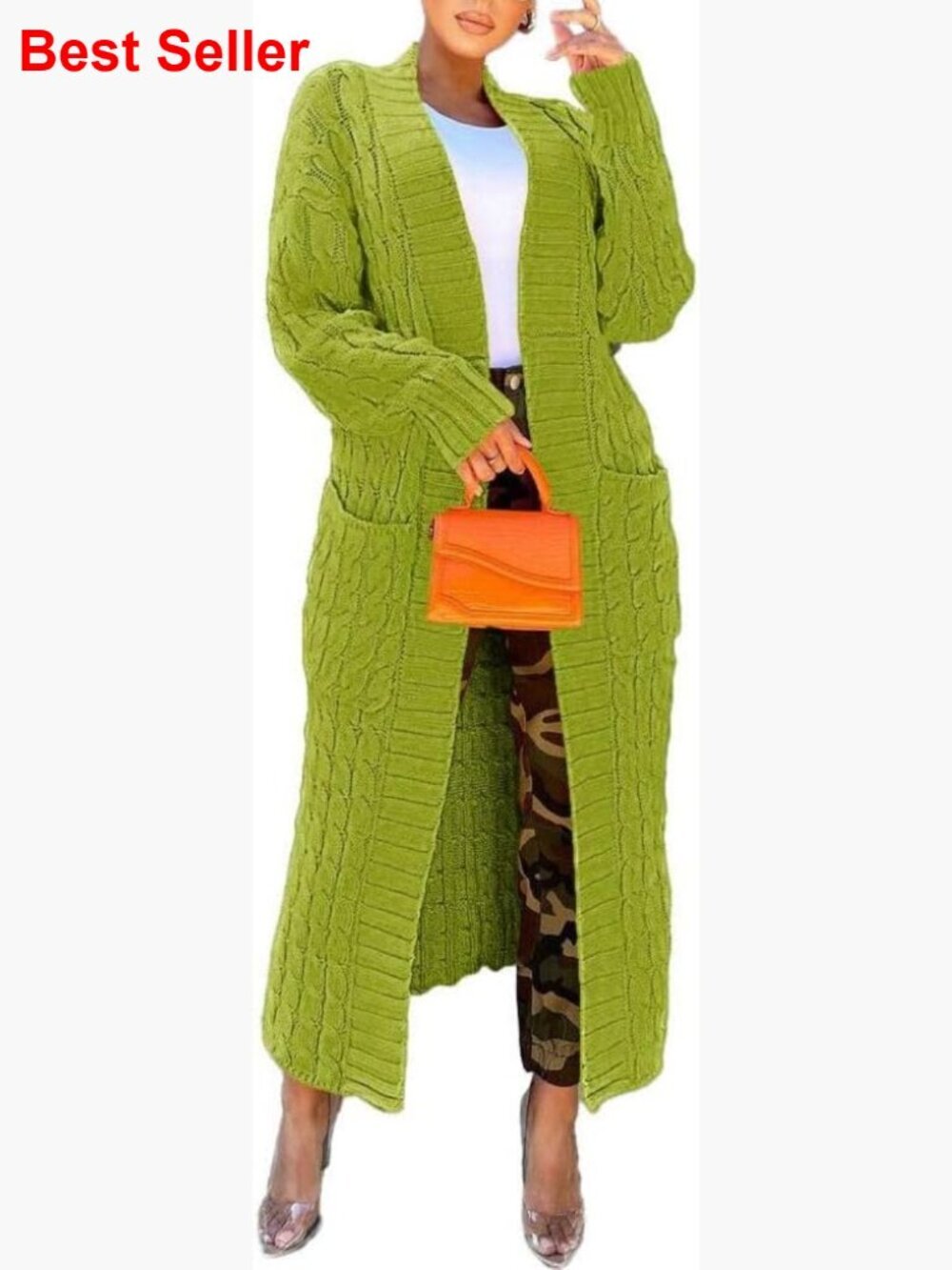 Long Sleeve Cable Knit Cardigan with Pockets, 100% Polyester